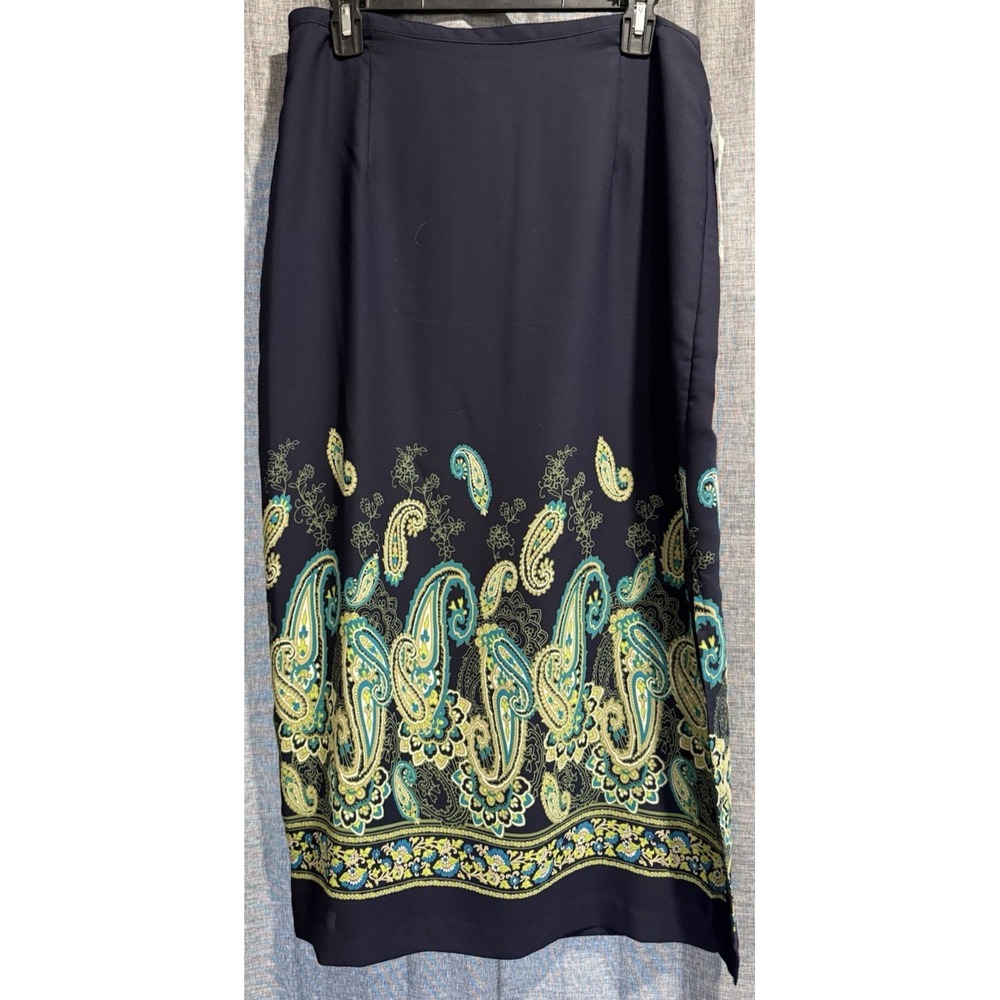 Alfred Dunner Sz 12 Long Skirt Blue Paisley Elastic Waist Lined Peasant Slit NWT